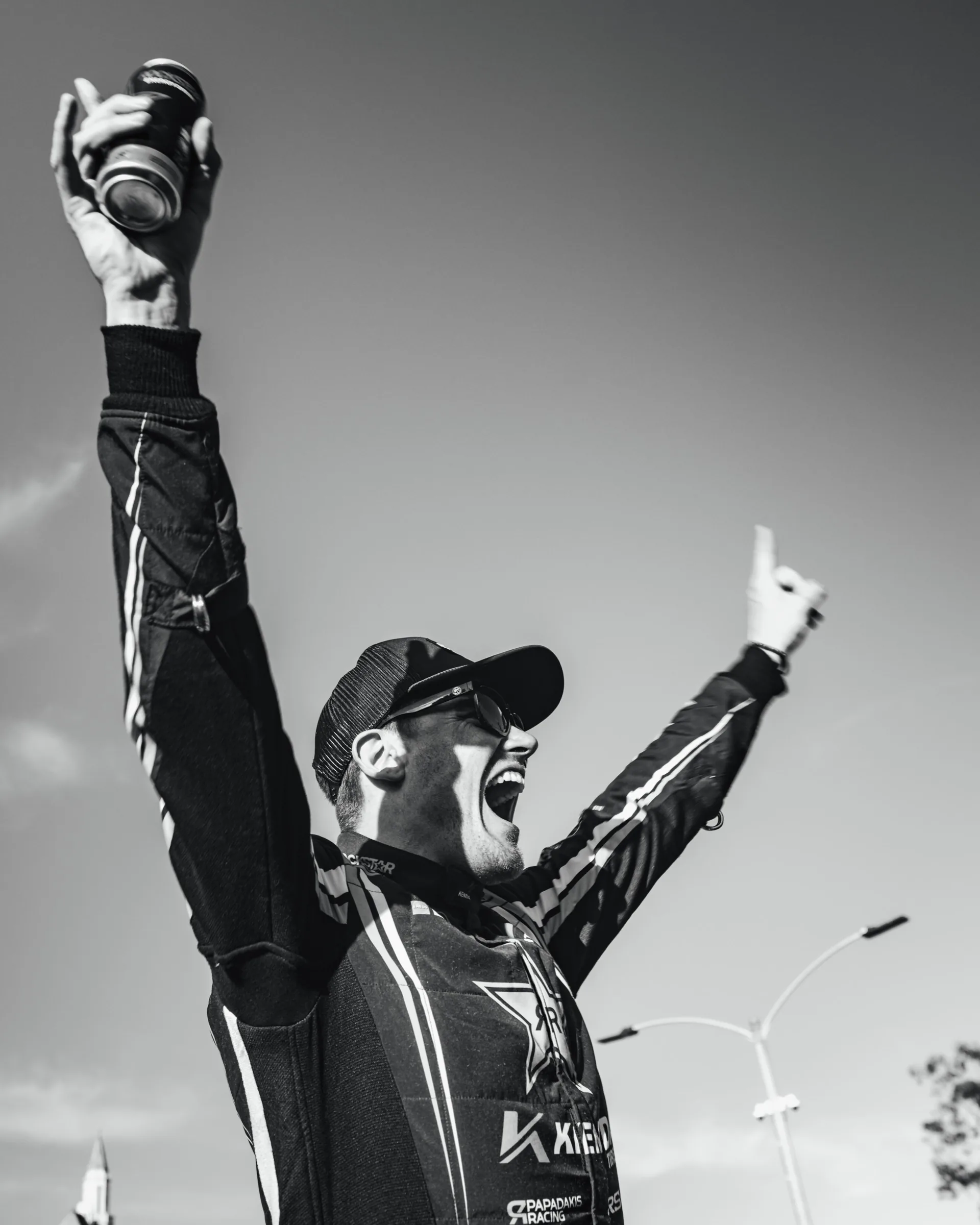 Black and white motorsport celebration